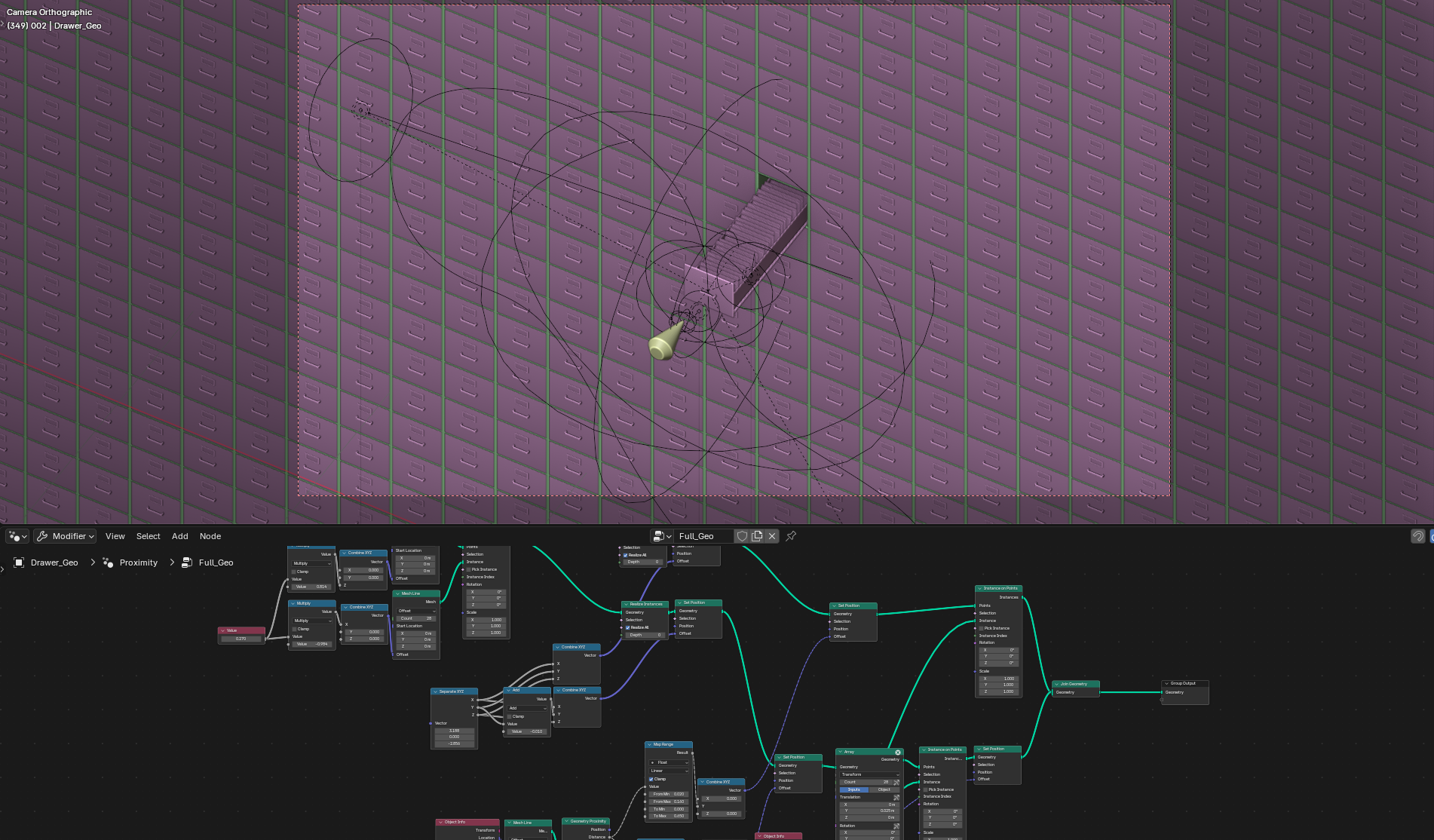Seeking Geometry Nodes와 Blender 뷰포트 작업 화면